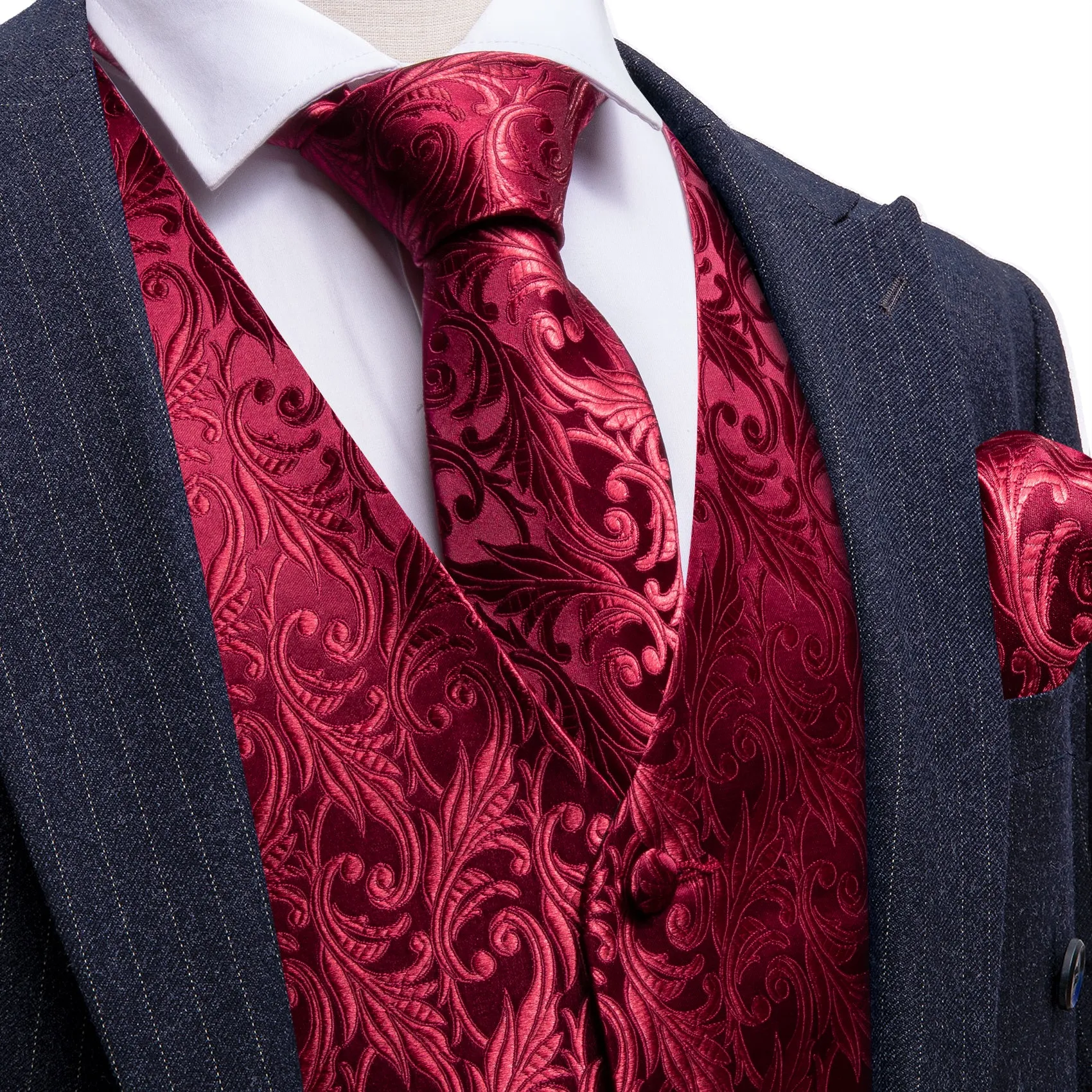 Barry. Wang Dark Red Floral Silk Vest Tie Pocket square Cufflinks Set sold by Barrywang product image thumbnail 2