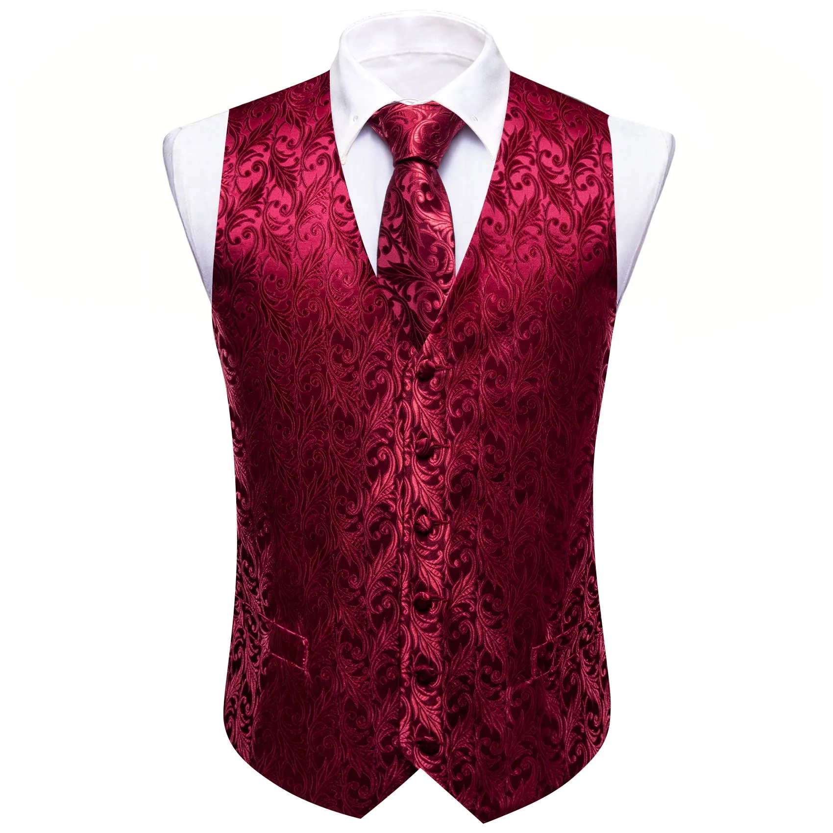Barry. Wang Dark Red Floral Silk Vest Tie Pocket square Cufflinks Set sold by Barrywang product image thumbnail 5