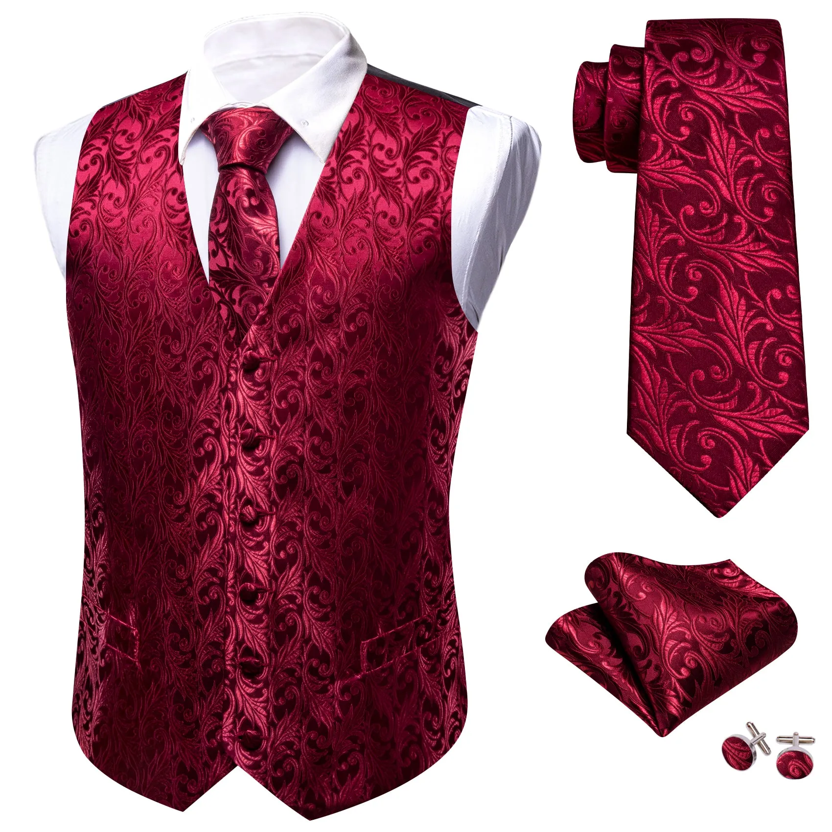 Barry. Wang Dark Red Floral Silk Vest Tie Pocket square Cufflinks Set sold by Barrywang product image thumbnail 4