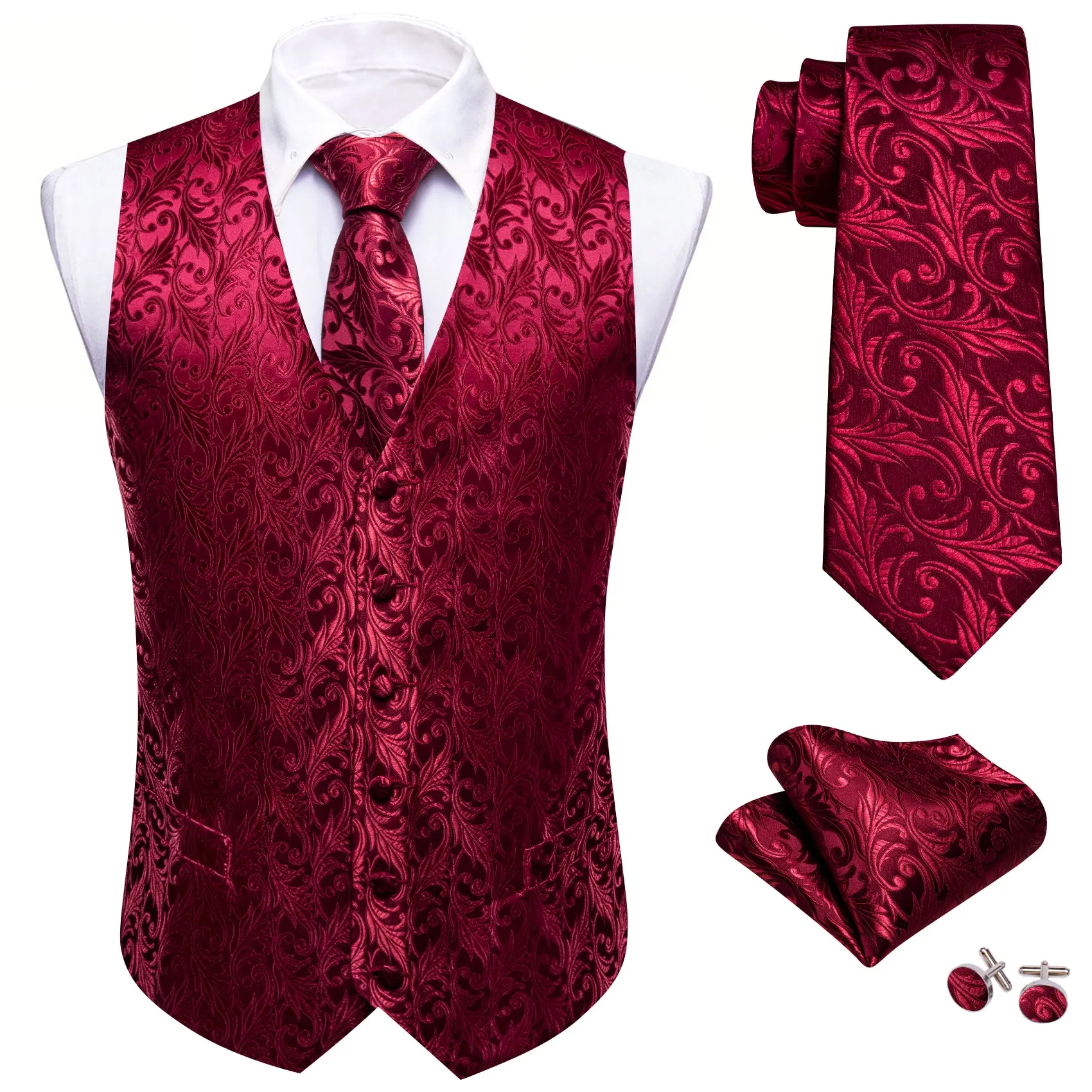 Barry. Wang Dark Red Floral Silk Vest Tie Pocket square Cufflinks Set sold by Barrywang