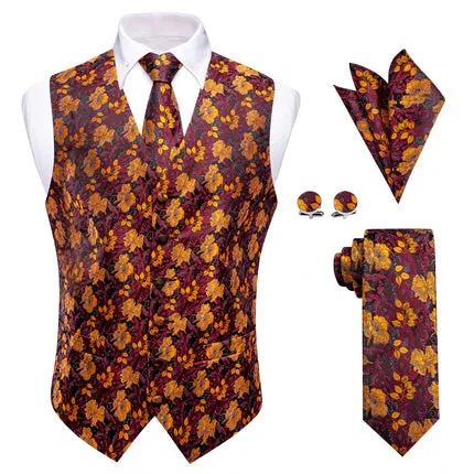 Barry. Wang Burgundy Vest Orange Jacquard Floral Men's Waistcoat Tie Set sold by Barrywang