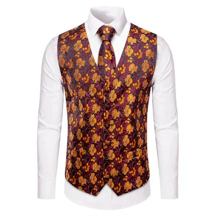 Barry. Wang Burgundy Vest Orange Jacquard Floral Men's Waistcoat Tie Set sold by Barrywang product image thumbnail 2