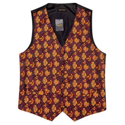 Barry. Wang Burgundy Vest Orange Jacquard Floral Men's Waistcoat Tie Set sold by Barrywang product image thumbnail 3