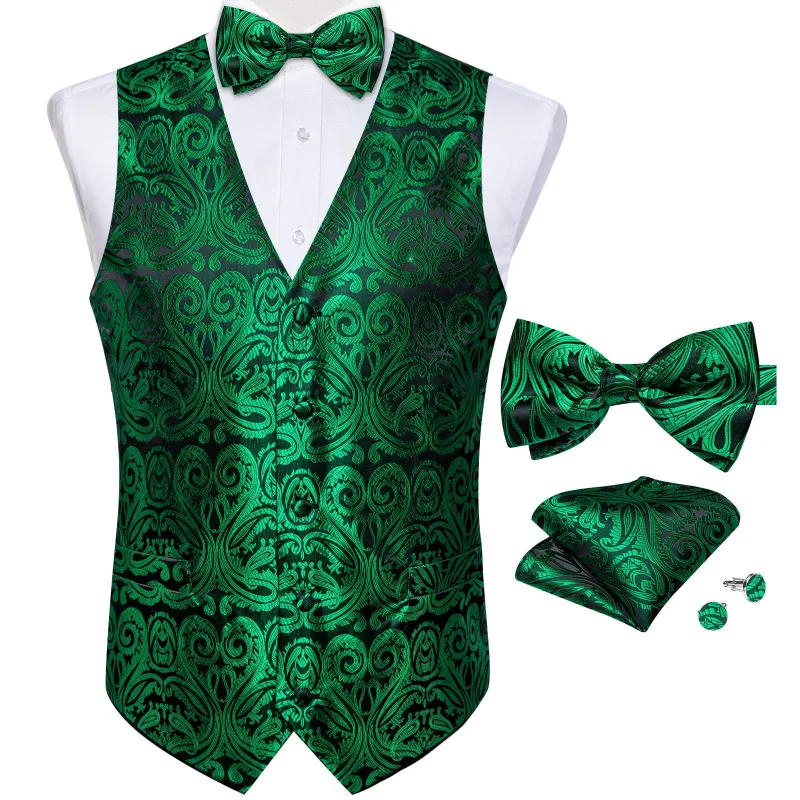 Barry. Wang Mens Green Paisley Vest Dress Vest Bowtie Hanky Cufflinks Set sold by Barrywang