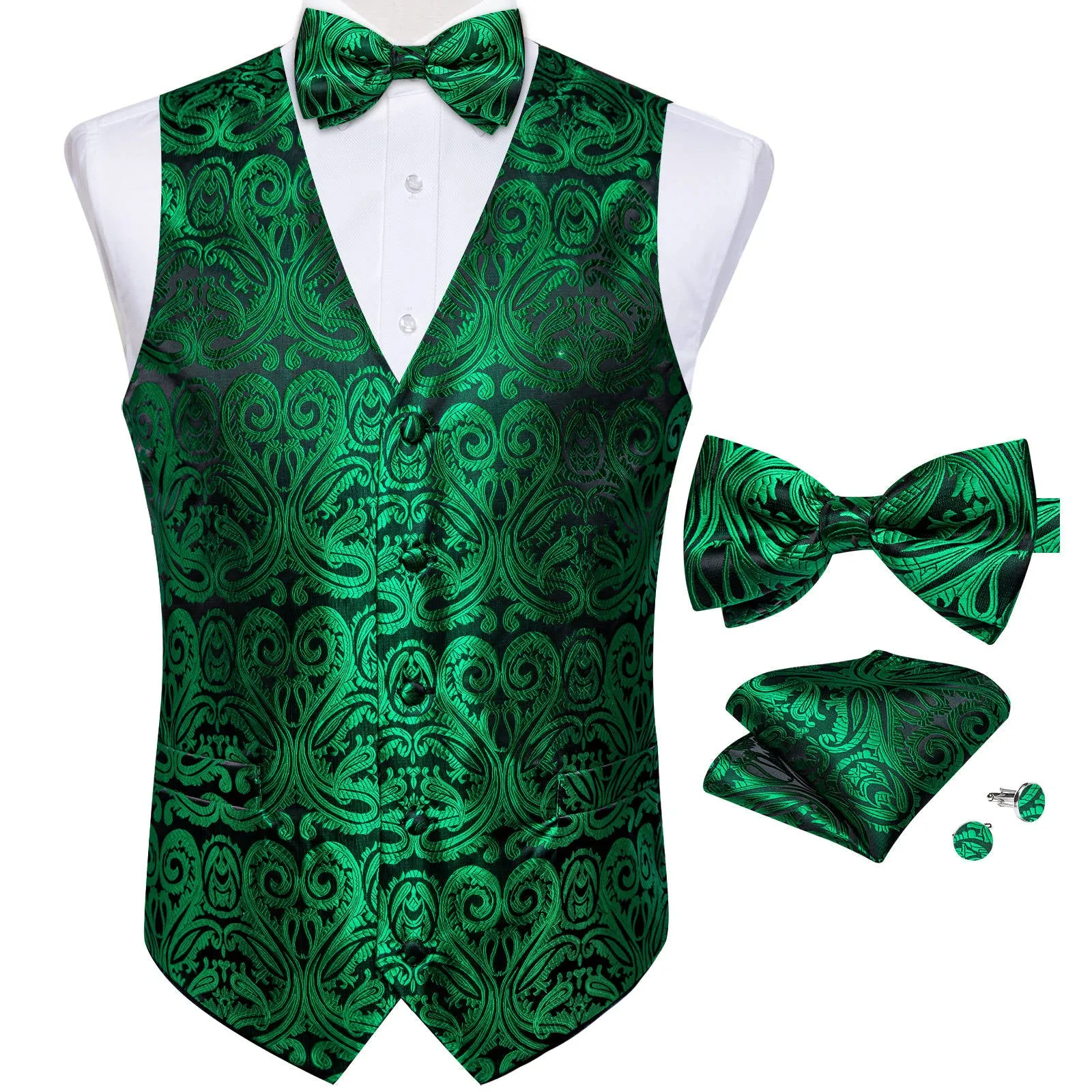 Barry. Wang Mens Green Paisley Vest Dress Vest Bowtie Hanky Cufflinks Set sold by Barrywang