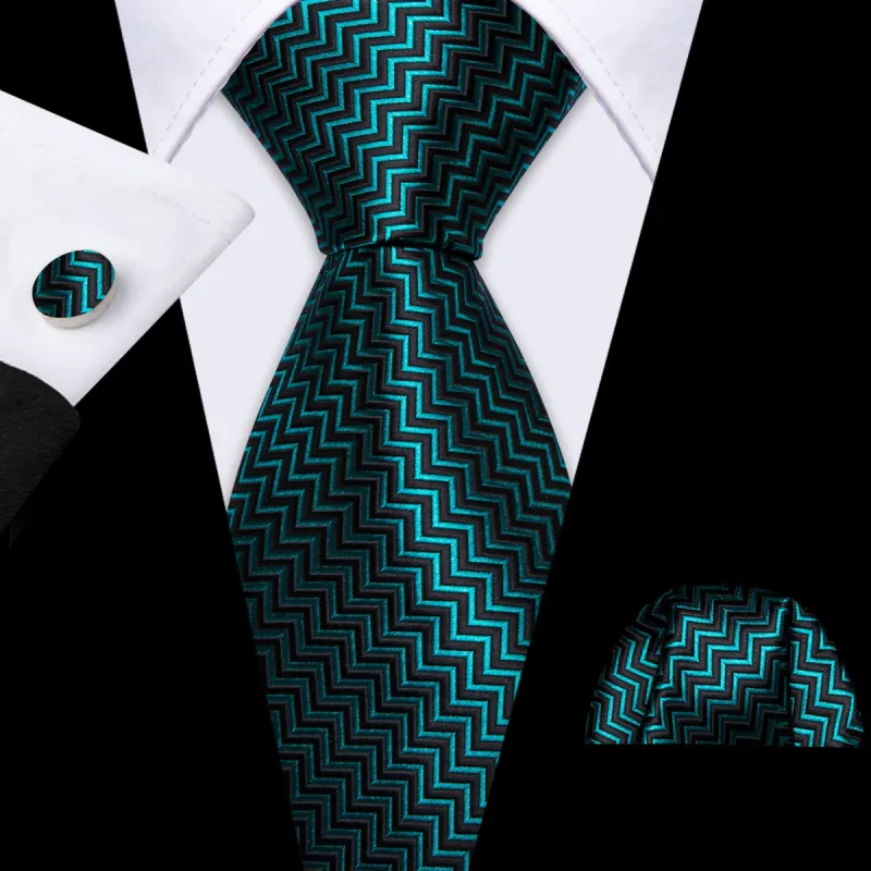 Barry Wang Teal Blue Black Ripple Silk Tie Handkerchief Cufflinks Set sold by Barrywang
