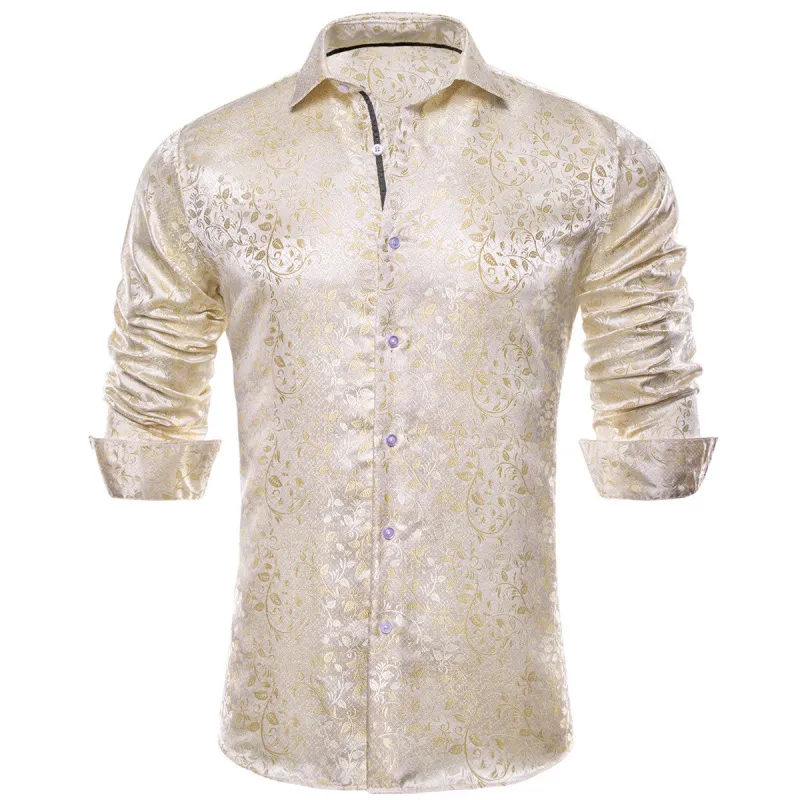 Barry. Wang Mens Champagne Shirt Floral Wrinkle Free Long Sleeve Button Down Shirt sold by Barrywang