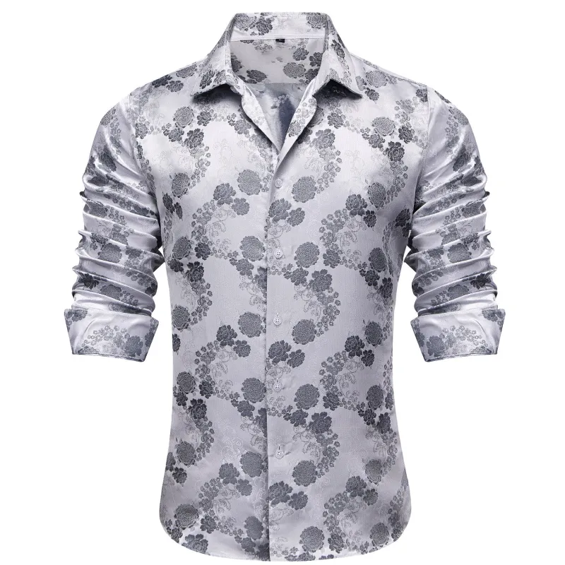 Barry. Wang Grey Floral Long Sleeve Button Down Dress Shirt made by Barrywang