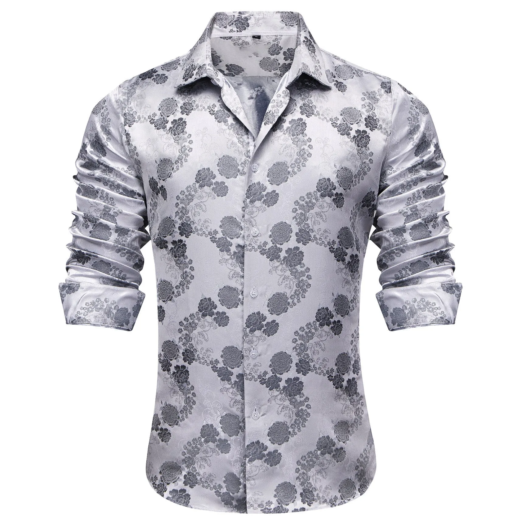 Barry. Wang Grey Floral Long Sleeve Button Down Dress Shirt sold by Barrywang