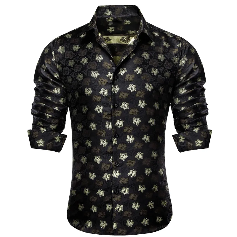 Barry. Wang Black Mens Shirt Pastel Gray Leaves Pattern Long Sleeve Button Down Dress Shirt made by Barrywang