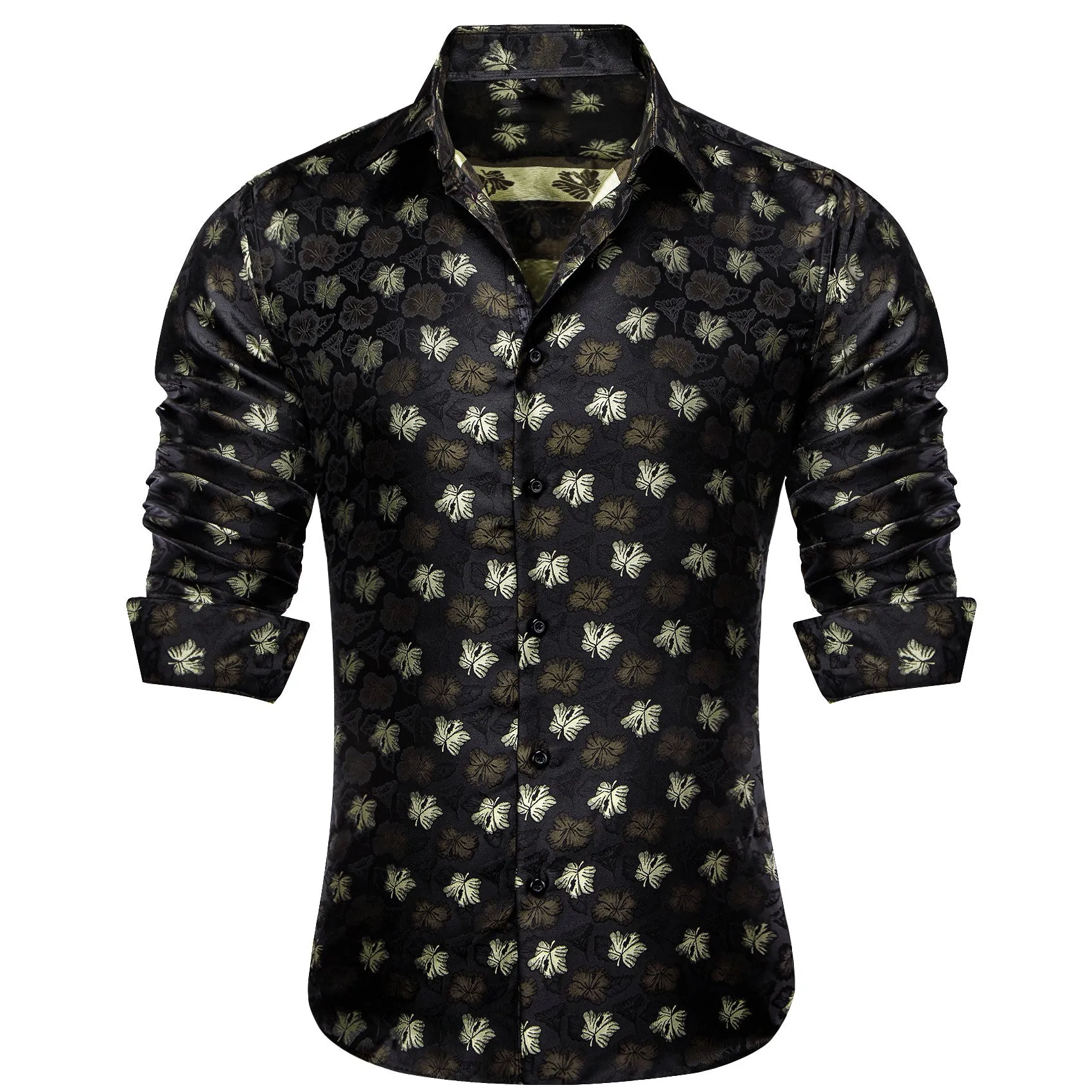 Barry. Wang Black Mens Shirt Pastel Gray Leaves Pattern Long Sleeve Button Down Dress Shirt sold by Barrywang