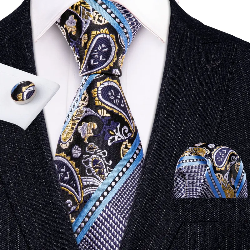 Barry. Wang Paisley Tie Black Blue Necktie Pocket Square Cufflinks Set for Men made by Barrywang