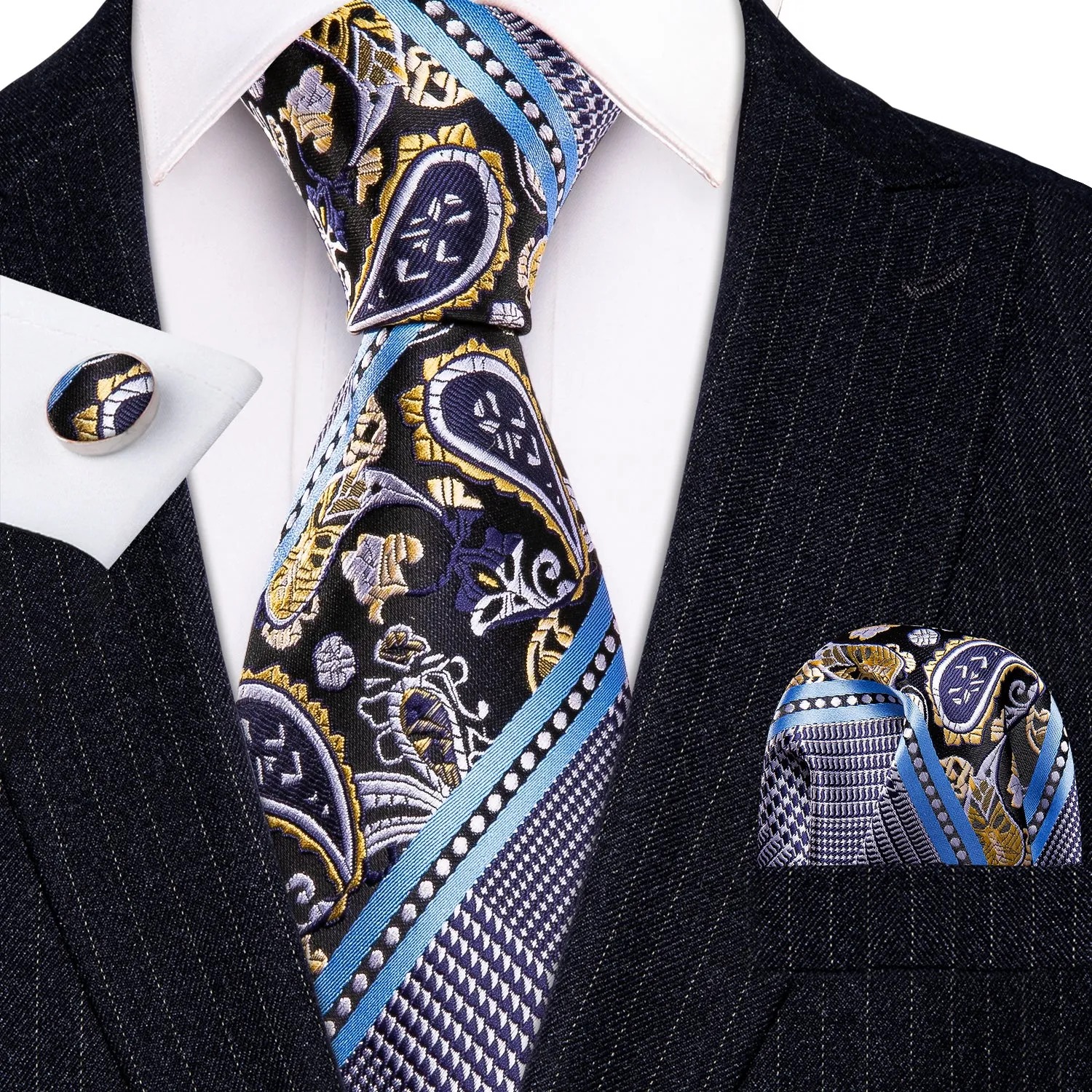 Barry. Wang Paisley Tie Black Blue Necktie Pocket Square Cufflinks Set for Men sold by Barrywang
