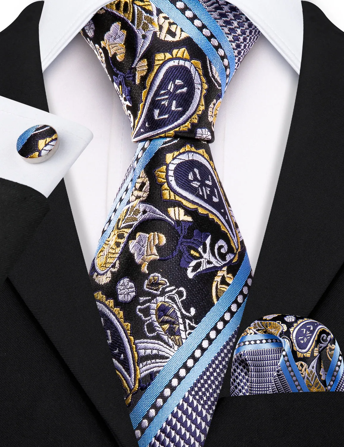 Barry. Wang Paisley Tie Black Blue Necktie Pocket Square Cufflinks Set for Men sold by Barrywang product image thumbnail 2