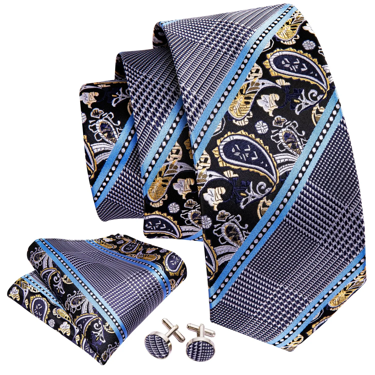 Barry. Wang Paisley Tie Black Blue Necktie Pocket Square Cufflinks Set for Men sold by Barrywang product image thumbnail 3