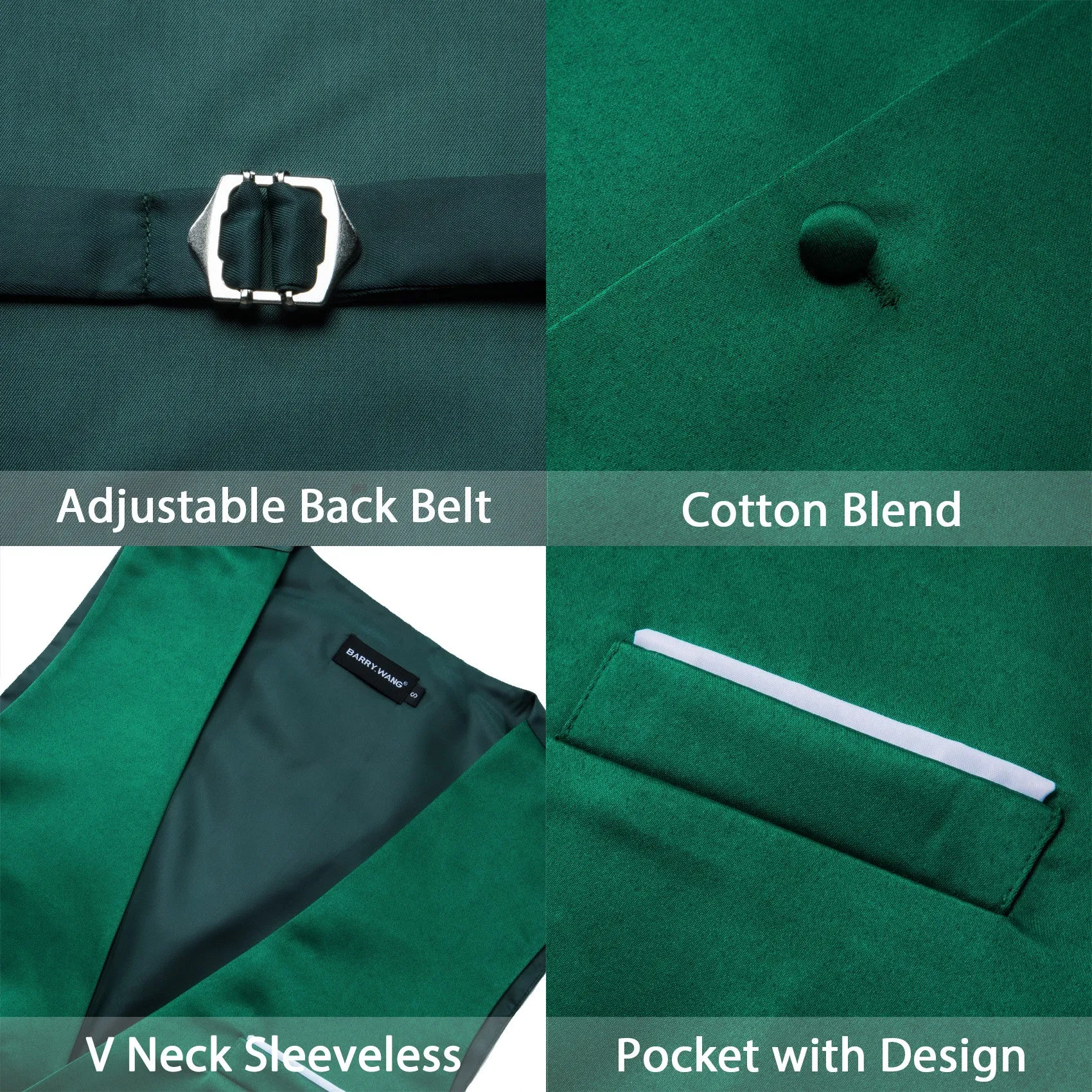 Barry. Wang Suit Vest Green Solid V-neck Formal Vest Tie Pocket Square Cufflinks Set sold by Barrywang product image thumbnail 4