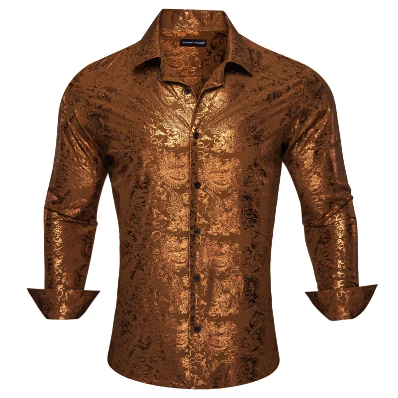 Barry. Wang Bronzing Floral Shirt Silk Caramel Brown Men's Long Sleeve Shirt sold by Barrywang