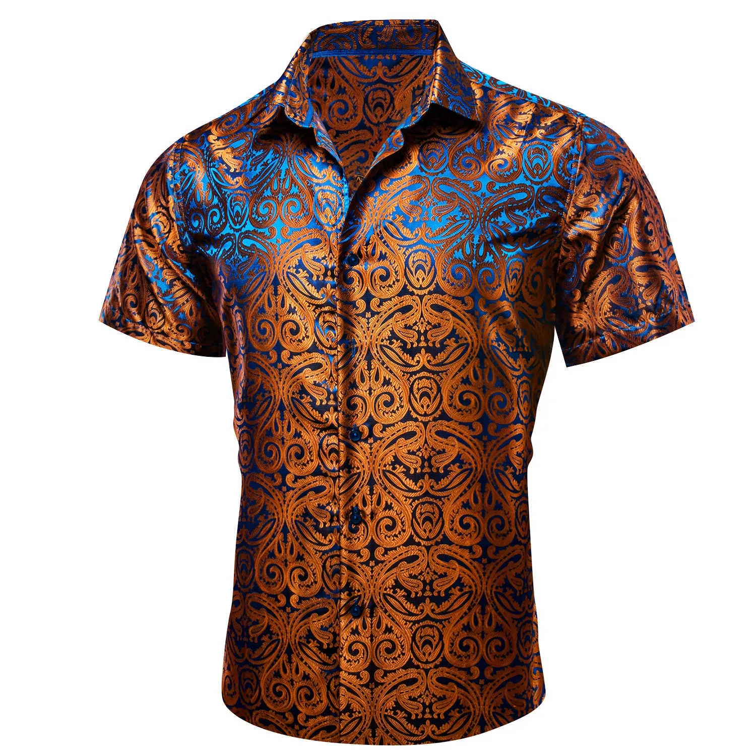 Barry. Wang Copper Paisley Button Down Shirt Casual Silk Short Sleeve Dress Shirt sold by Barrywang product image thumbnail 3