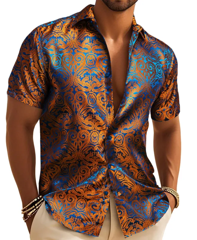 Barry. Wang Copper Paisley Button Down Shirt Casual Silk Short Sleeve Dress Shirt made by Barrywang