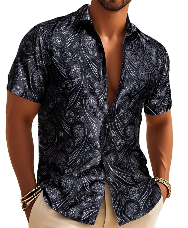 Barry. Wang Mens Western Shirt Black Grey Paisley Short Sleeve Button Down Dress Shirt sold by Barrywang