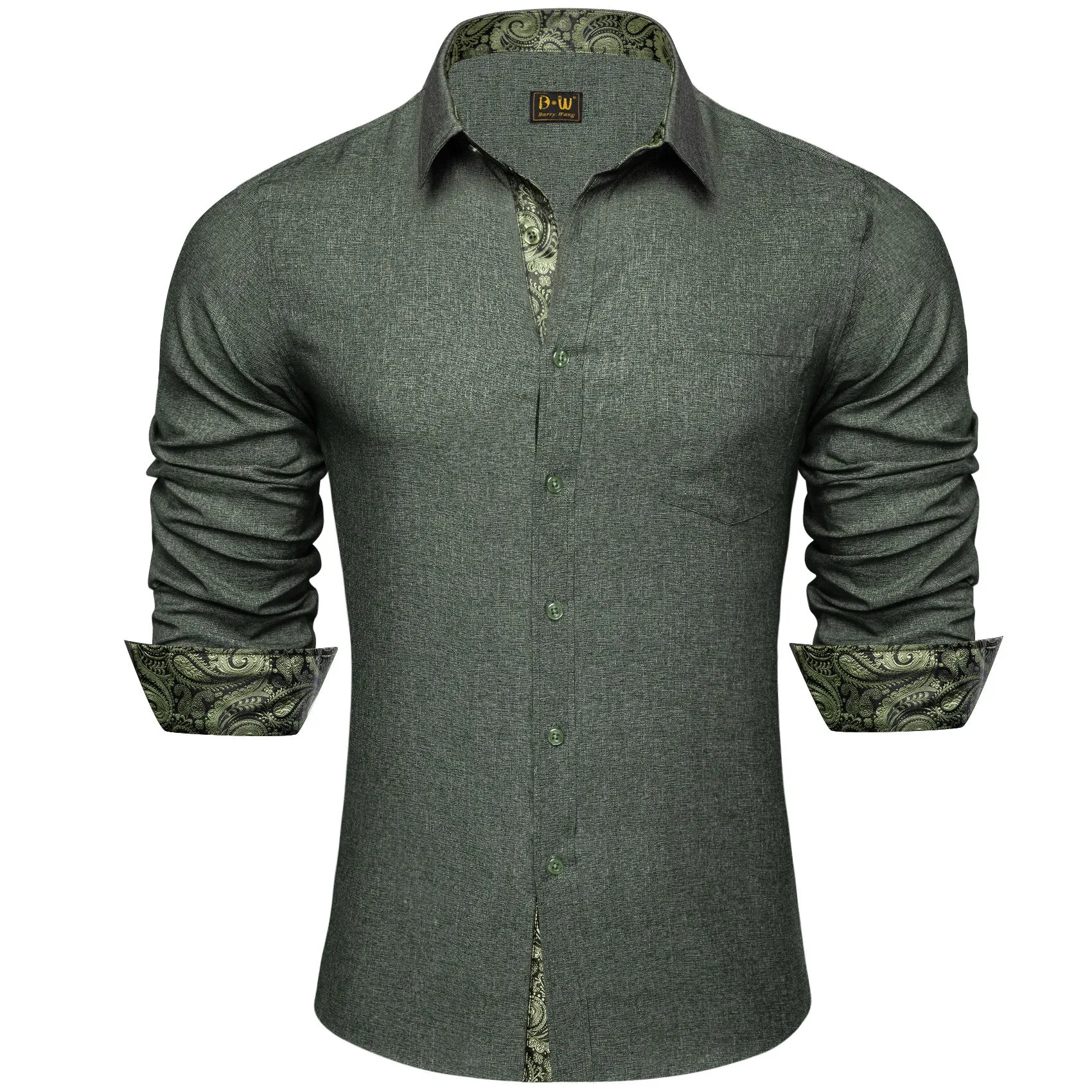 Barry. Wang Olive Contrast Shirt Contrast Collar Wrinkle Free Button Up Shirt sold by Barrywang