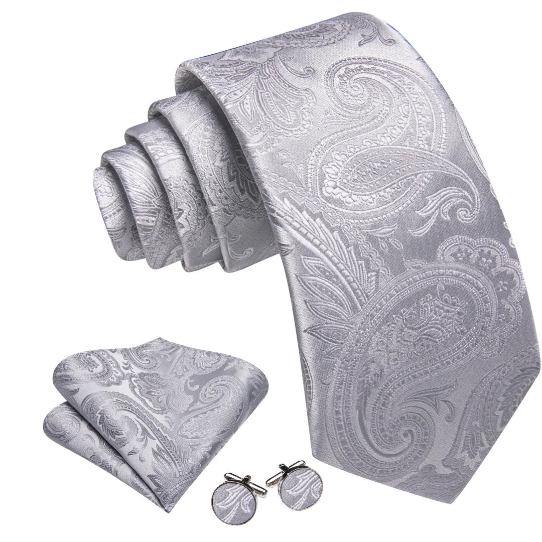 Barry. Wang Silver Paisley Tie Silk Tie Pocket Square Cufflinks Set sold by Barrywang product image thumbnail 3