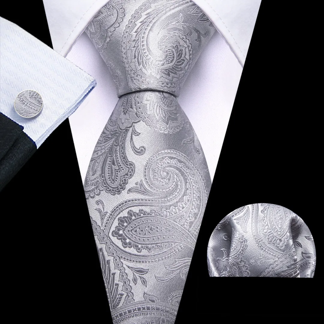 Barry. Wang Silver Paisley Tie Silk Tie Pocket Square Cufflinks Set sold by Barrywang