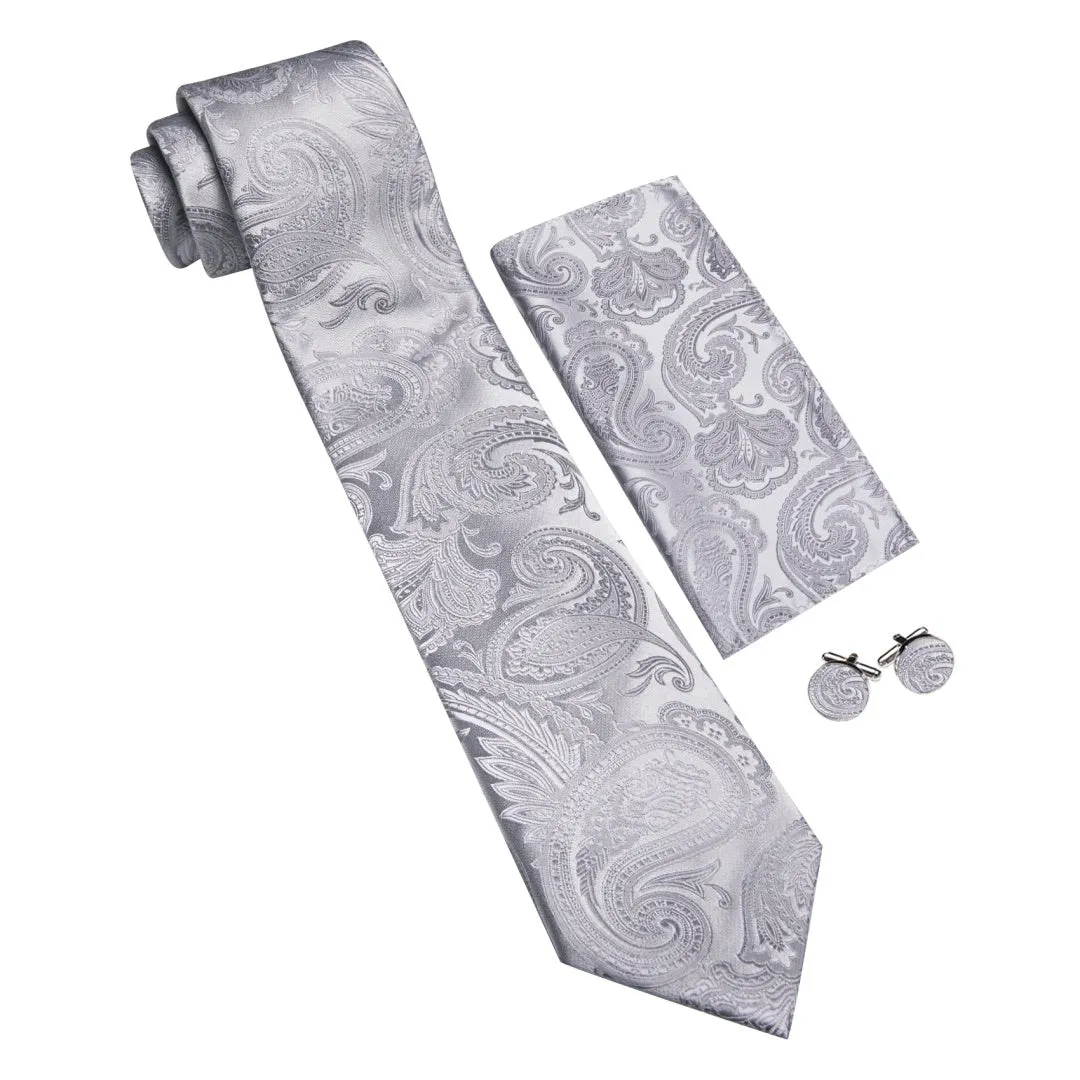 Barry. Wang Silver Paisley Tie Silk Tie Pocket Square Cufflinks Set sold by Barrywang product image thumbnail 2