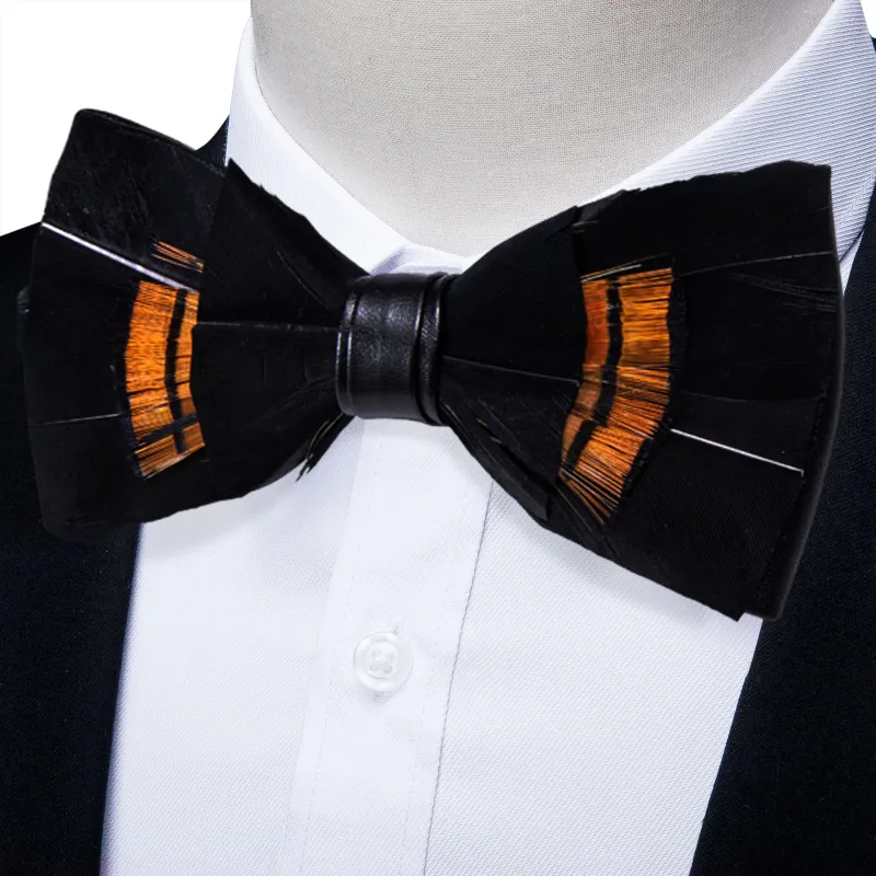 Barry. Wang Black Feather Bowtie Novelty Mens Pre-tied Bowtie Brooch Set made by Barrywang