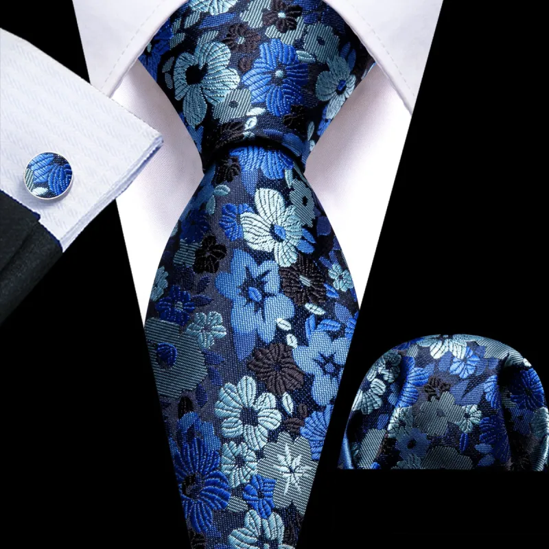 Barry Wang Mens Blue Tie Silver Jacquard Floral Pattern Necktie Set sold by Barrywang
