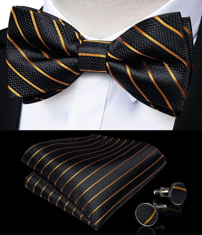 Barry. Wang Black Gold Stripe Bowtie Pocket Square Cufflinks Set made by Barrywang