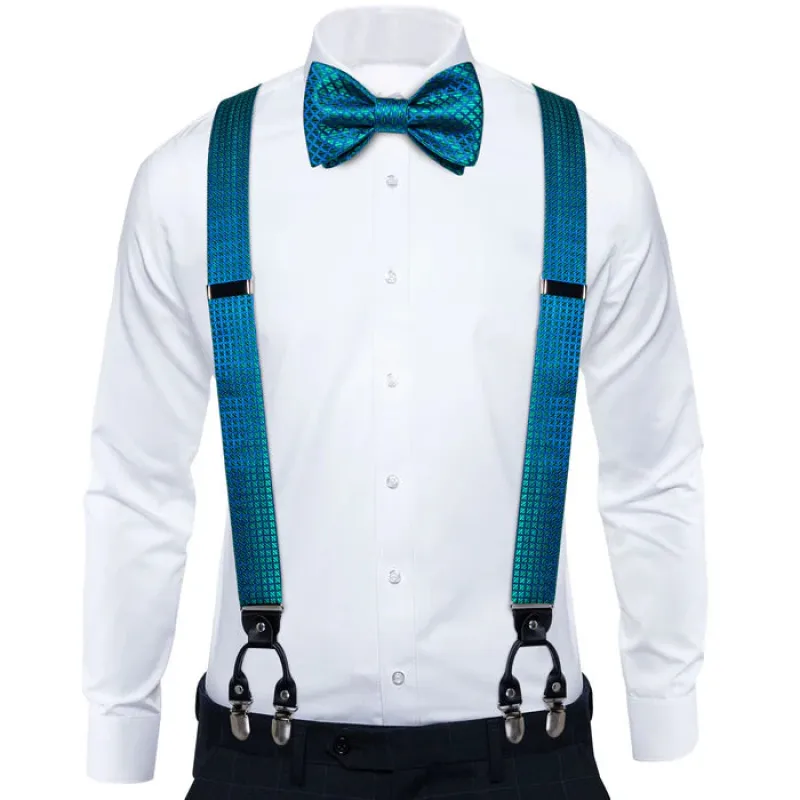 Barry. Wang Teal Blue Plaid Y Back Brace Clip-on Men's Suspender Bow Tie Set made by Barrywang