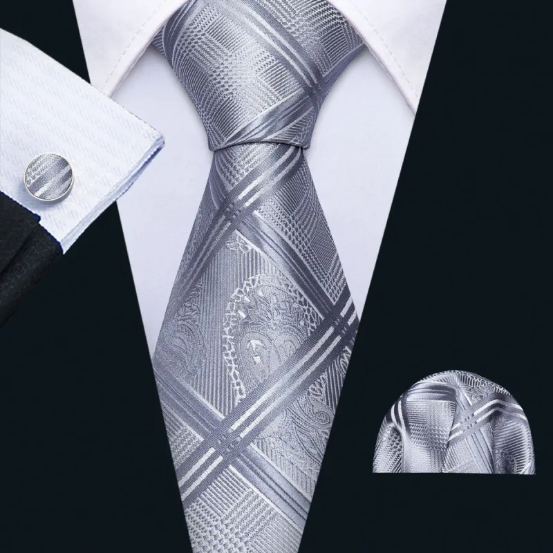 Barry Wang Silver Grey Tie Plaid Necktie Pocket Square Cufflinks Set sold by Barrywang