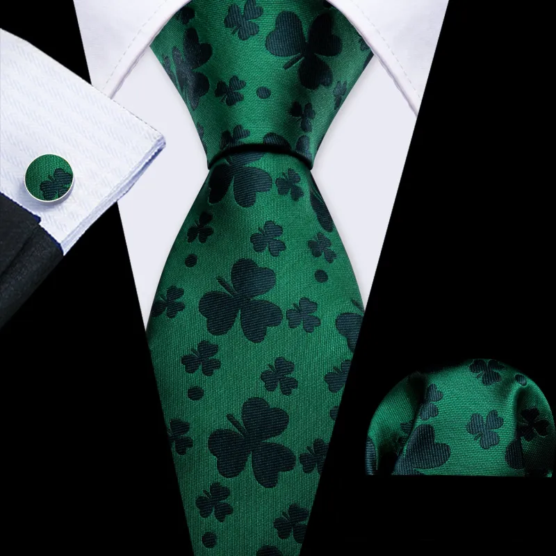 Barry. Wang Mens Green Clover Silk Tie Handkerchief Cufflinks Set made by Barrywang