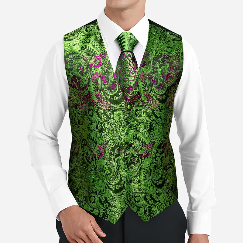 Barry. Wang Green Vest Paisley Jacquard Dress Vest Necktie Hanky Cufflinks Set sold by Barrywang