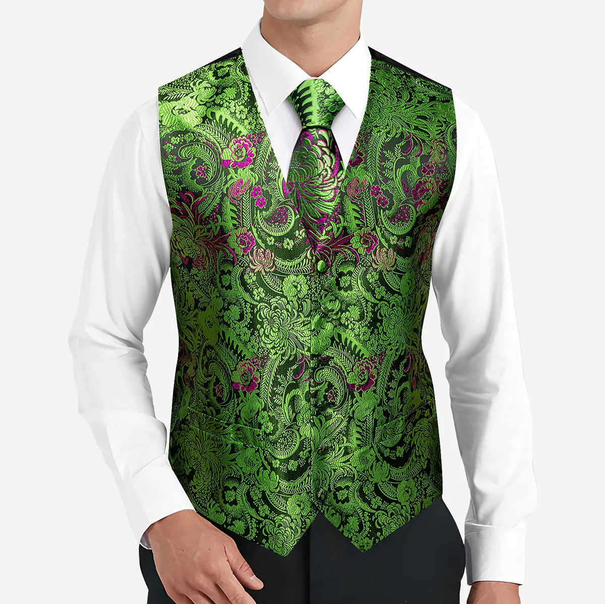 Barry. Wang Green Vest Paisley Jacquard Dress Vest Necktie Hanky Cufflinks Set sold by Barrywang