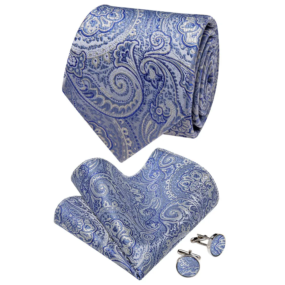 Barry. Wang Sky Blue Paisley Necktie Silk Tie Pocket Square Cufflinks Set sold by Barrywang