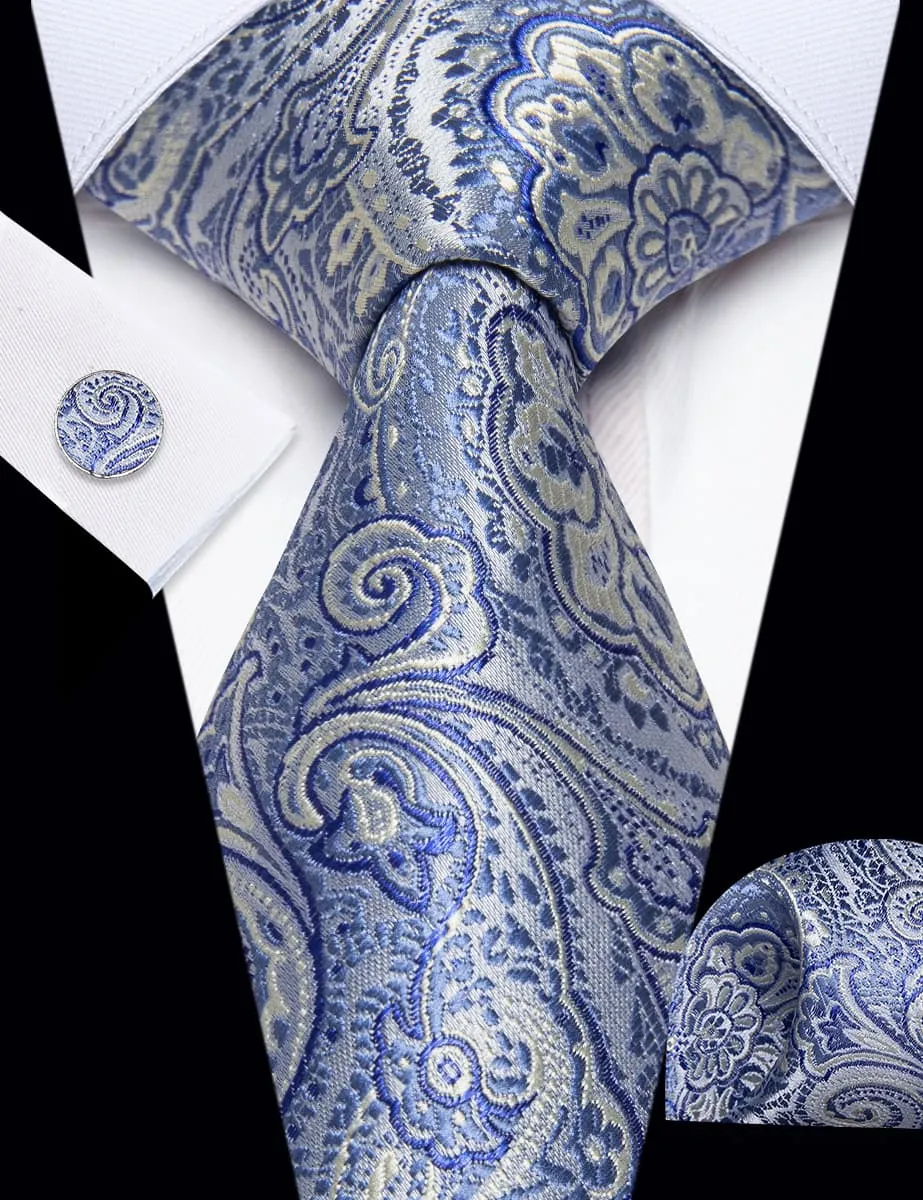 Barry. Wang Sky Blue Paisley Necktie Silk Tie Pocket Square Cufflinks Set sold by Barrywang product image thumbnail 5