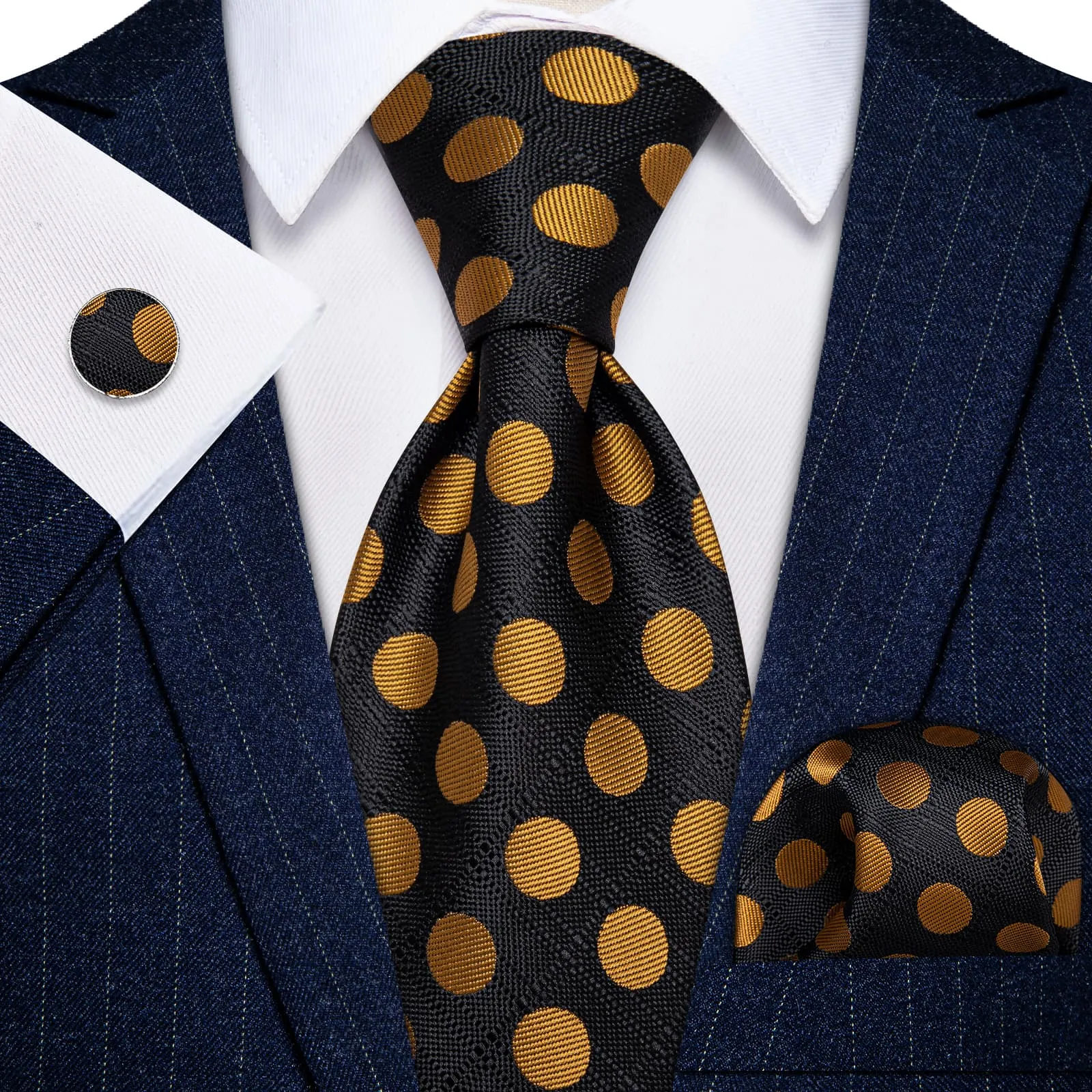 Barry. Wang Black Gold Polka Dot Necktie Silk Tie Pocket Square Cufflinks Set sold by Barrywang