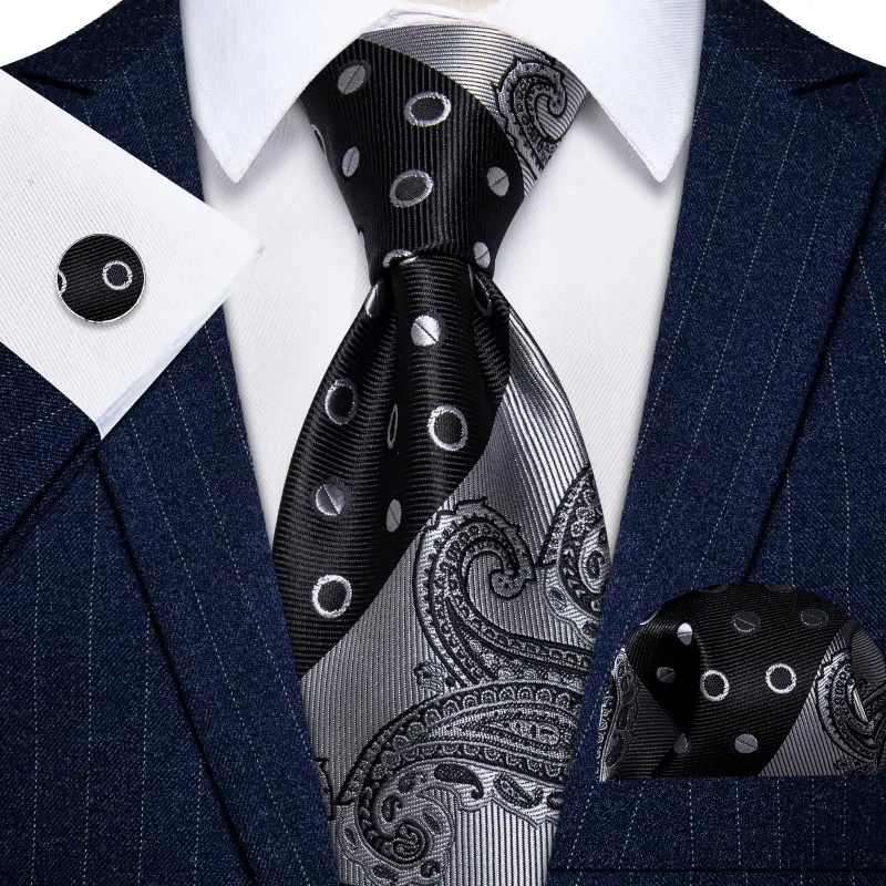 Barry. Wang Black Grey Striped Paisley Necktie Silk Tie Pocket Square Cufflinks Set sold by Barrywang