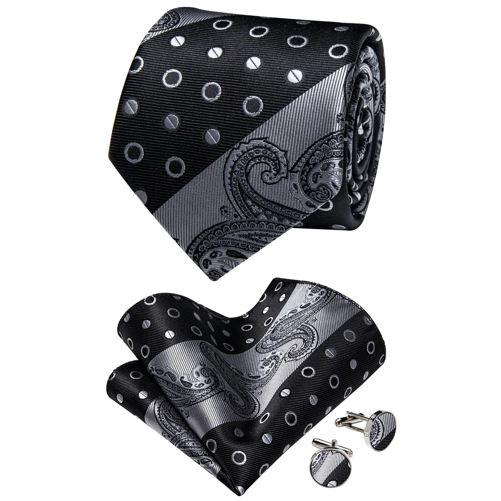 Barry. Wang Black Grey Striped Paisley Necktie Silk Tie Pocket Square Cufflinks Set sold by Barrywang product image thumbnail 5