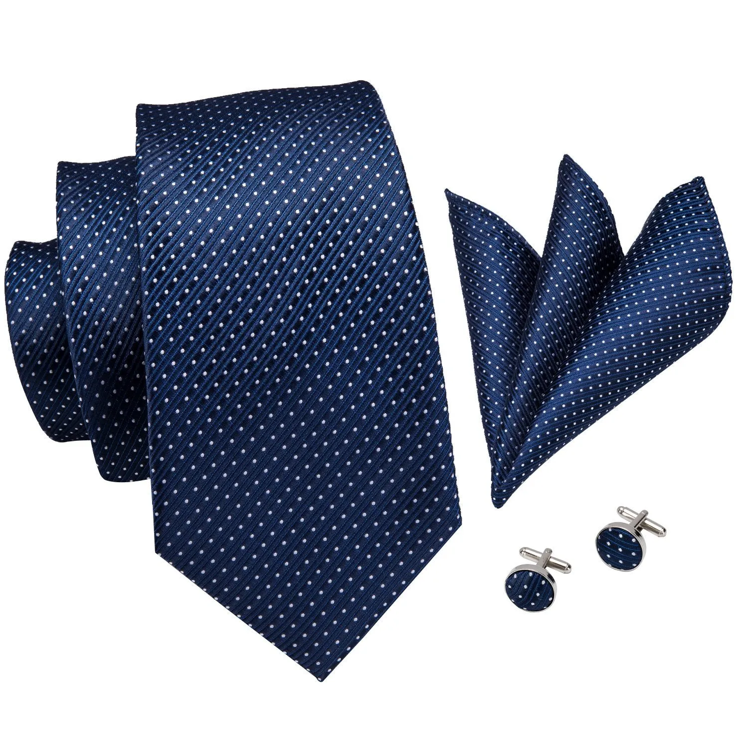 Barry. Wang Navy Blue Polka Dot Mens Necktie Pocket Square Cufflinks Set sold by Barrywang product image thumbnail 2