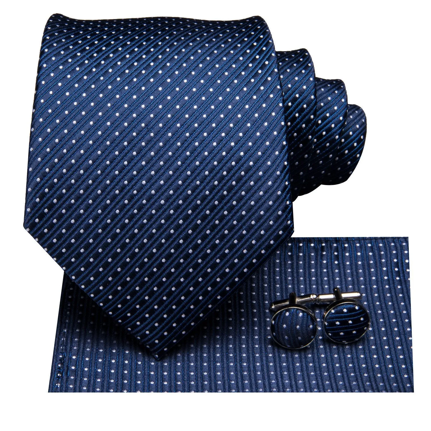Barry. Wang Navy Blue Polka Dot Mens Necktie Pocket Square Cufflinks Set sold by Barrywang product image thumbnail 3