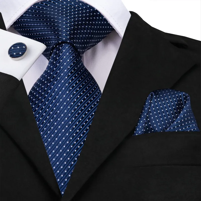 Barry. Wang Navy Blue Polka Dot Mens Necktie Pocket Square Cufflinks Set sold by Barrywang