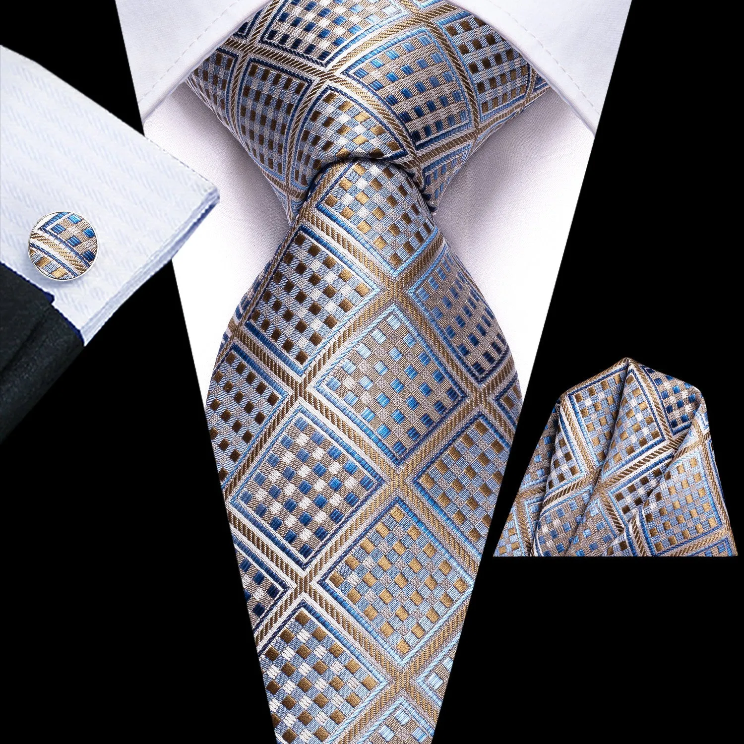 Barry. Wang Blue Grey Novelty Plaid Mens Tie Pocket Square Cufflinks Set sold by Barrywang product image thumbnail 3