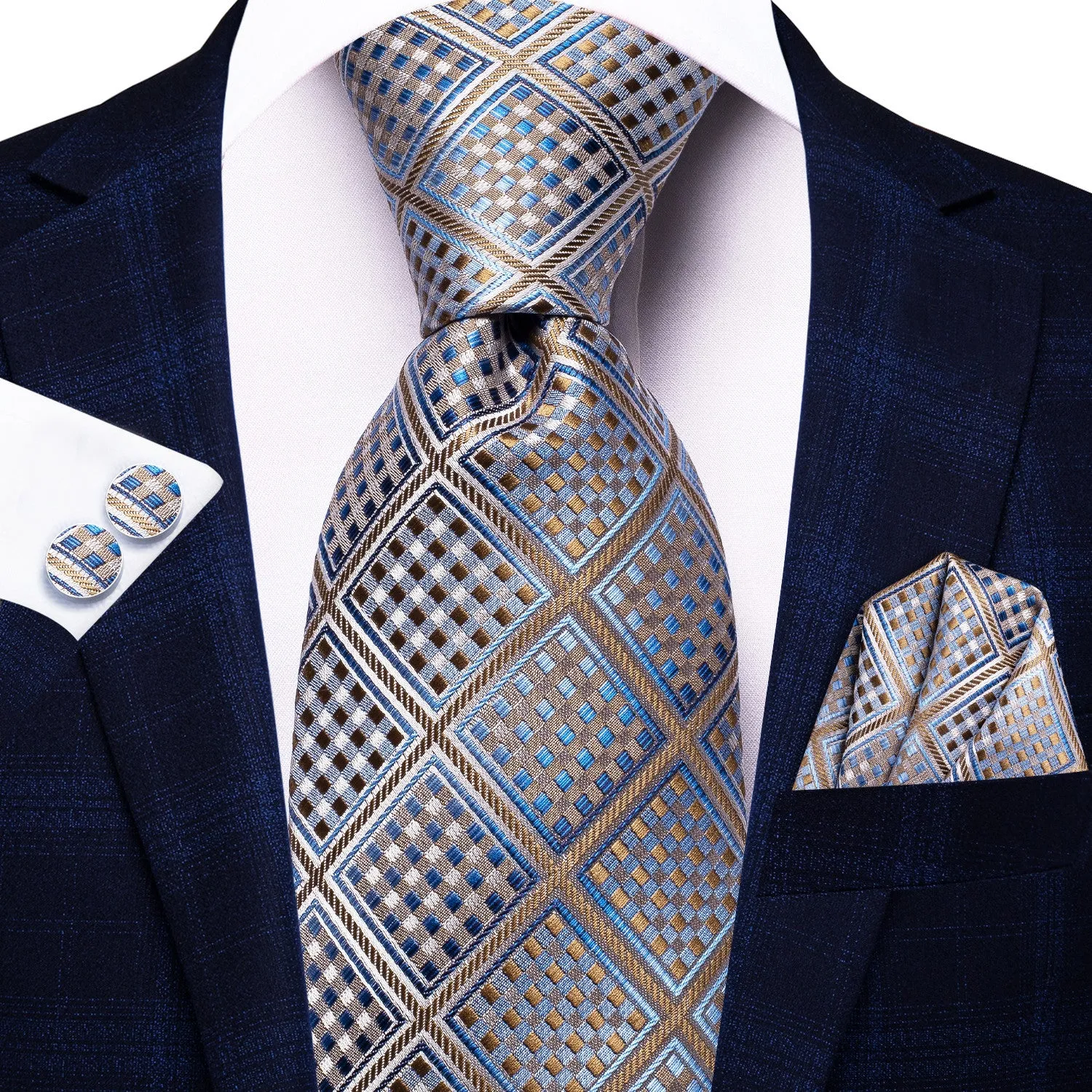 Barry. Wang Blue Grey Novelty Plaid Mens Tie Pocket Square Cufflinks Set sold by Barrywang