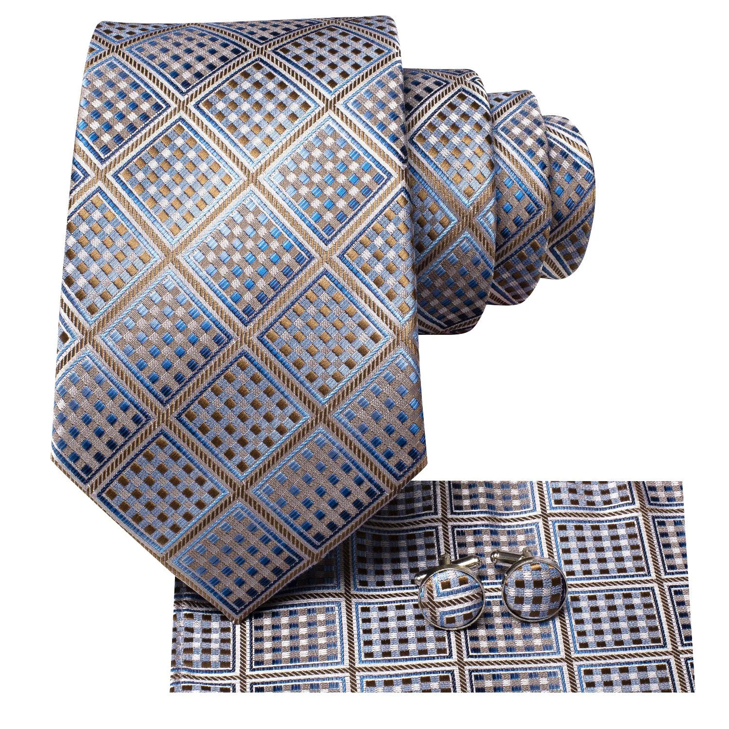 Barry. Wang Blue Grey Novelty Plaid Mens Tie Pocket Square Cufflinks Set sold by Barrywang product image thumbnail 2