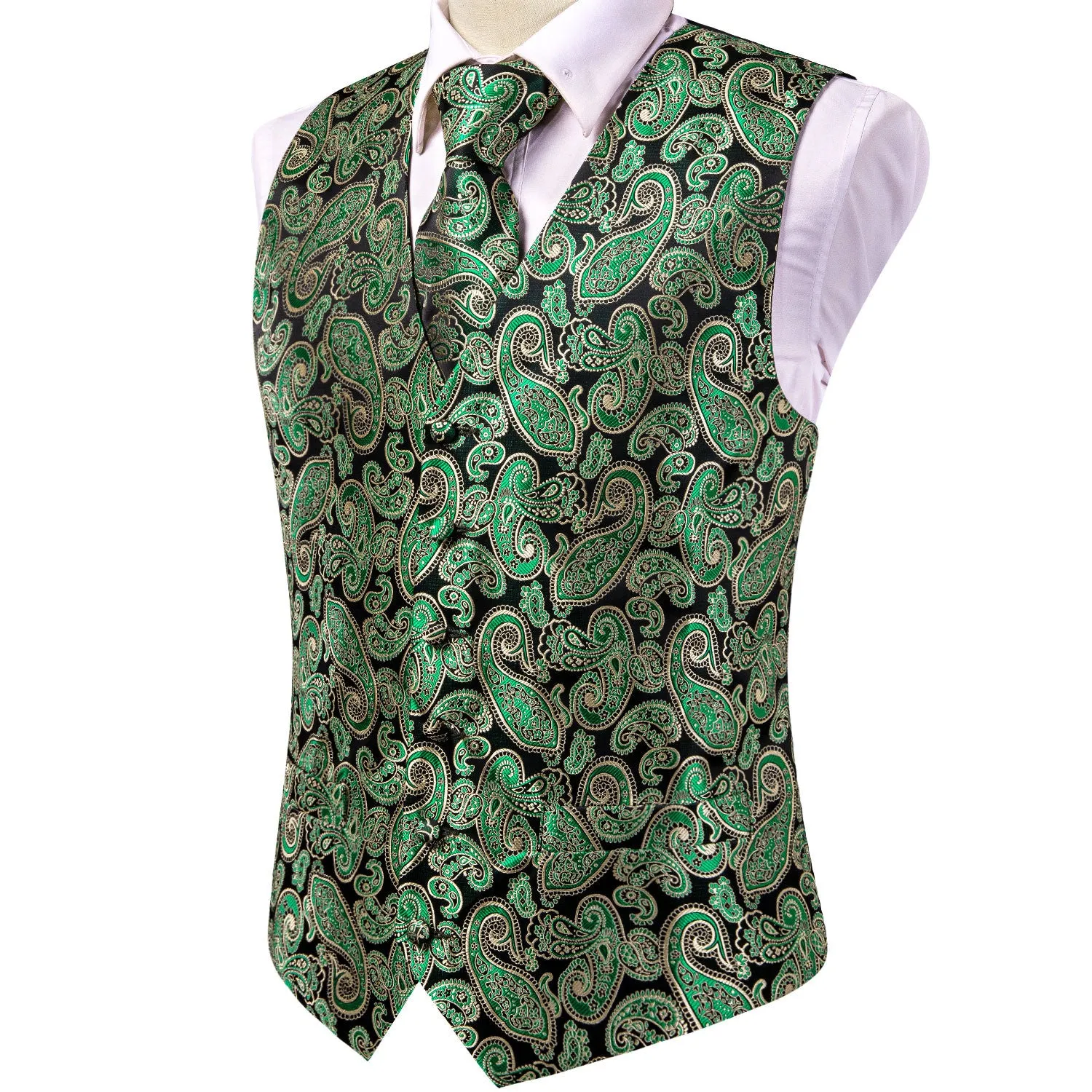 Barry. Wang Emerald Green Paisley Silk Mens Vest Hanky Cufflinks Tie Set Waistcoat Suit Set sold by Barrywang product image thumbnail 3