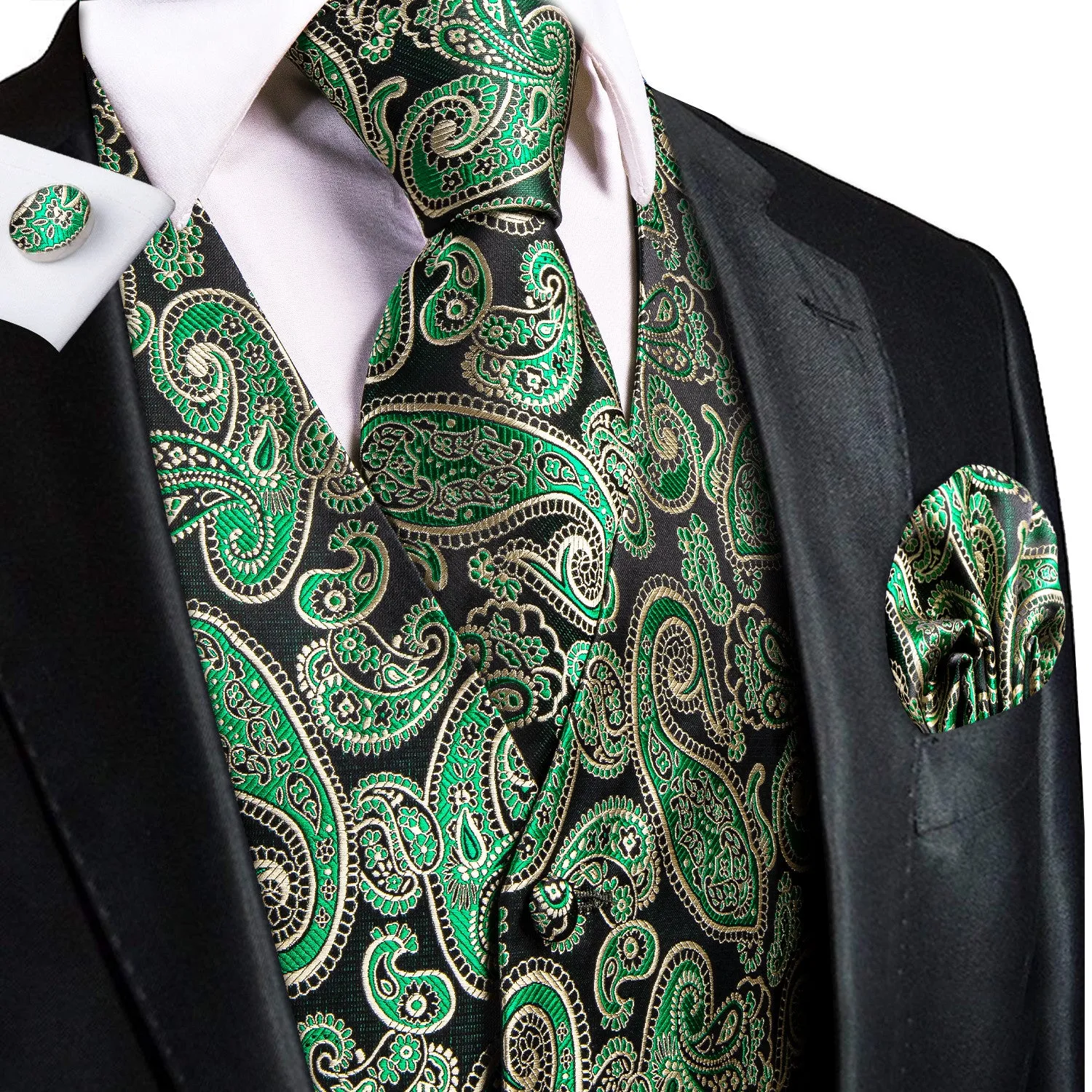 Barry. Wang Emerald Green Paisley Silk Mens Vest Hanky Cufflinks Tie Set Waistcoat Suit Set sold by Barrywang