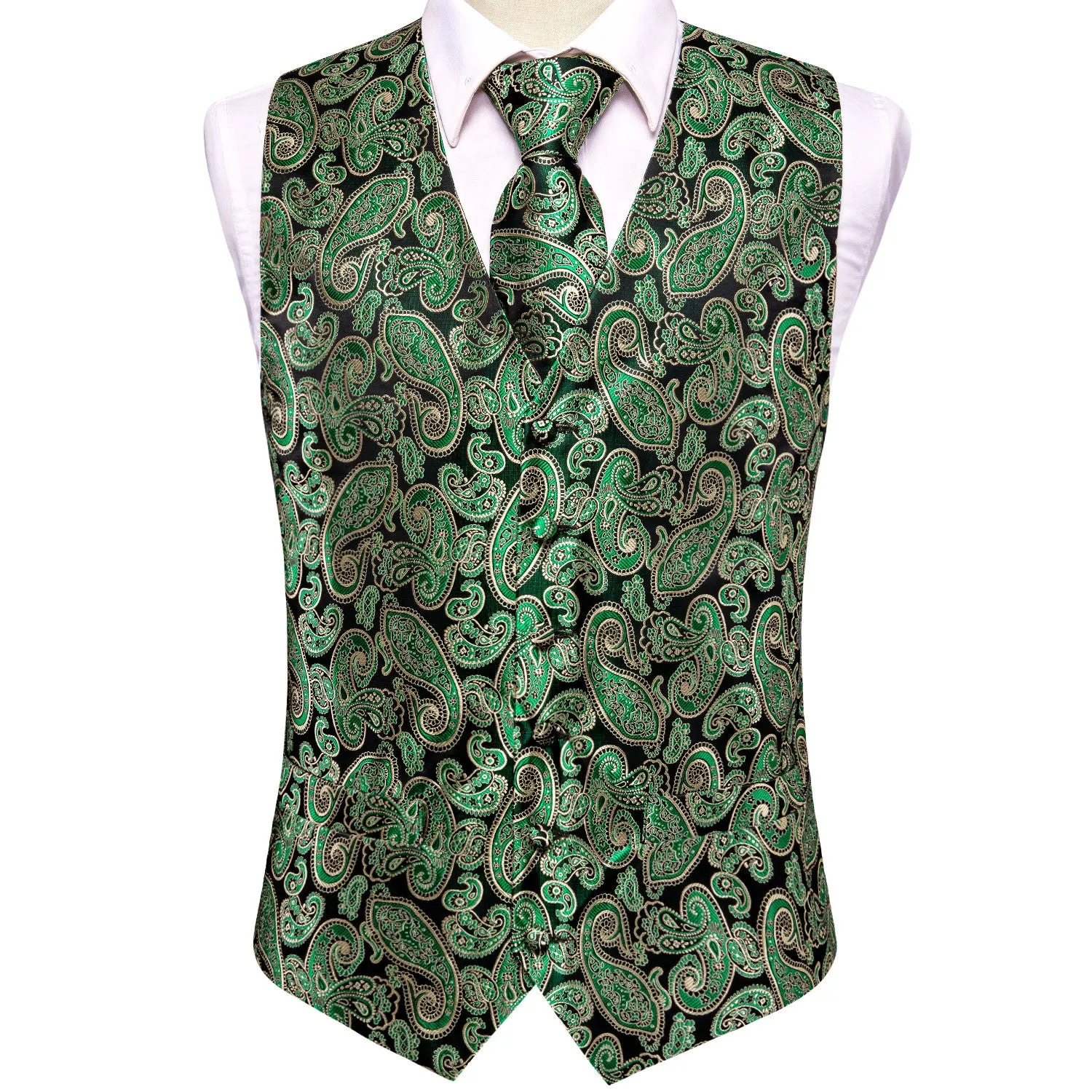 Barry. Wang Emerald Green Paisley Silk Mens Vest Hanky Cufflinks Tie Set Waistcoat Suit Set sold by Barrywang product image thumbnail 4